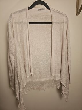Elena Baldi Cream Open-Front Lace-Hem Cardigan Sweater
